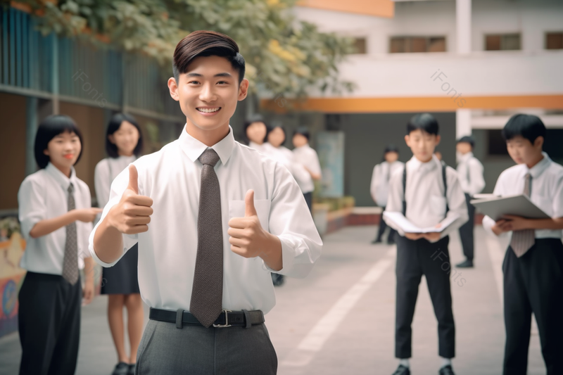 在教学楼前青年教师竖起两只大拇指,高清,摄影图,摄影图片,图片大全,摄影图免费下载